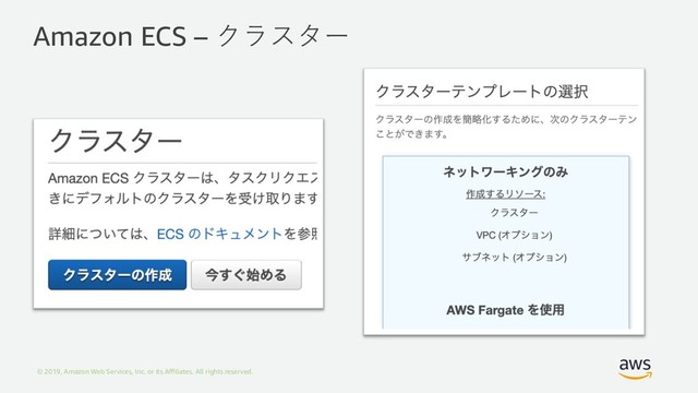 © 2019, Amazon Web Services, Inc. or its Aﬃliates. All rights reserved.
Amazon ECS – クラスター
