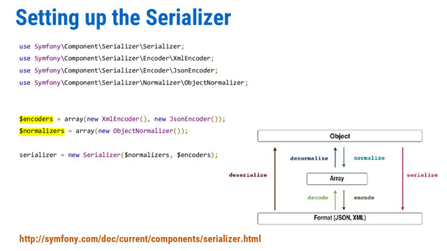 Setting up the Serializer
use Symfony\Component\Serializer\Serializer;
use Symfony\Component\Serializer\Encoder\XmlEncoder;
use Symfony\Component\Serializer\Encoder\JsonEncoder;
use Symfony\Component\Serializer\Normalizer\ObjectNormalizer;
$encoders = array(new XmlEncoder(), new JsonEncoder());
$normalizers = array(new ObjectNormalizer());
serializer = new Serializer($normalizers, $encoders);
http://symfony.com/doc/current/components/serializer.html

