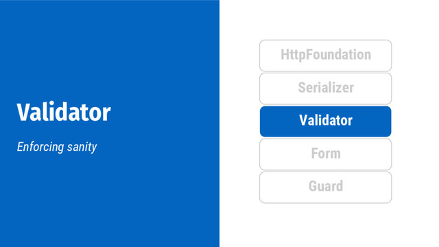 Validator
Enforcing sanity
Validator
HttpFoundation
Serializer
Form
Guard
