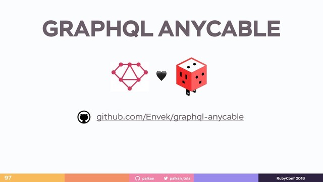 palkan_tula
palkan RubyConf 2018
GRAPHQL ANYCABLE
97
github.com/Envek/graphql-anycable

