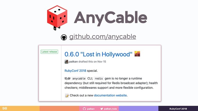 palkan_tula
palkan RubyConf 2018
github.com/anycable
https://anycable.io
AnyCable
98
