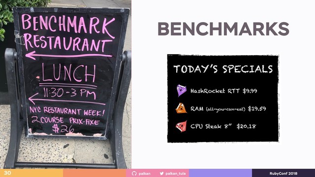 palkan_tula
palkan RubyConf 2018
BENCHMARKS
30
TODAY’S SPECIALS
HashRocket RTT $9.99
RAM (all-you-can-eat) $19.59
CPU Steak 8’’ $20.18
