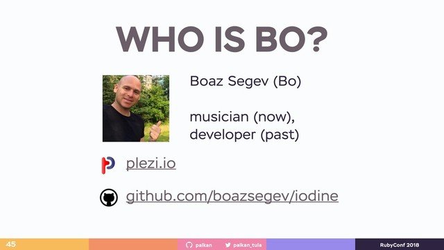 palkan_tula
palkan RubyConf 2018
plezi.io
github.com/boazsegev/iodine
WHO IS BO?
45
Boaz Segev (Bo)
musician (now),
developer (past)
