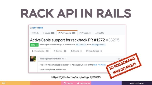palkan_tula
palkan RubyConf 2018
RACK API IN RAILS
49
https://github.com/rails/rails/pull/33295
NO PERFORMANCE
IMPROVEMENTS
