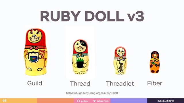 palkan_tula
palkan RubyConf 2018
RUBY DOLL v3
65
Thread Threadlet
Guild Fiber
https://bugs.ruby-lang.org/issues/13618
