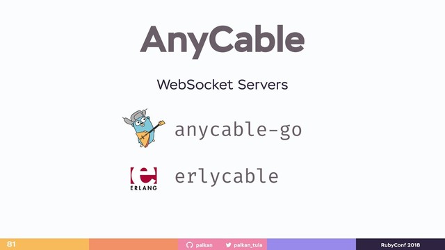 palkan_tula
palkan RubyConf 2018
AnyCable
81
anycable-go
erlycable
WebSocket Servers
