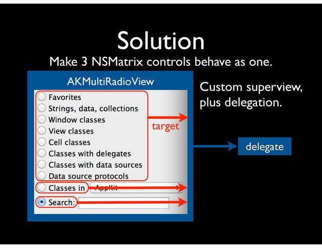 Solution
Make 3 NSMatrix controls behave as one.
AKMultiRadioView
delegate
target
Custom superview,
plus delegation.
