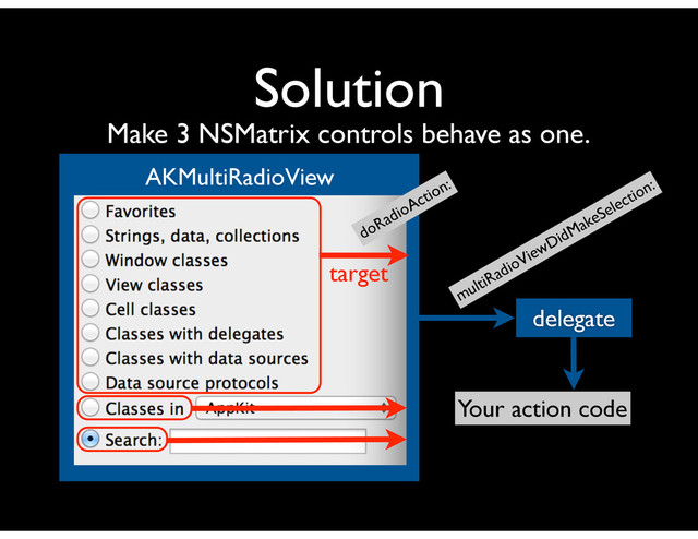 Solution
Make 3 NSMatrix controls behave as one.
AKMultiRadioView
delegate
doRadioAction:
multiRadioViewDidMakeSelection:
Your action code
target
