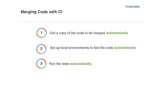 Merging Code with CI
1 Get a copy of the code to be merged
2 Set up local environments to test the code
3 Run the tests
automatically
automatically
automatically
@mariatta
