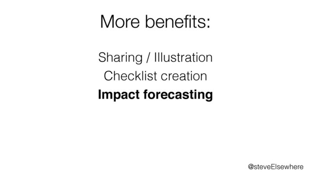 @steveElsewhere
Sharing / Illustration
Checklist creation
Impact forecasting
More beneﬁts:
