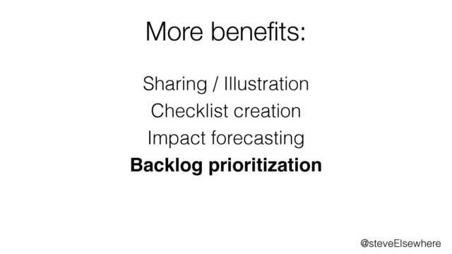 @steveElsewhere
Sharing / Illustration
Checklist creation
Impact forecasting
Backlog prioritization
More beneﬁts:
