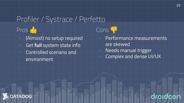 Pros 👍
▫ (Almost) no setup required
▫ Get full system state info
▫ Controlled scenario and
environment
29
Profiler / Systrace / Perfetto
Cons 👎
▫ Performance measurements
are skewed
▫ Needs manual trigger
▫ Complex and dense UI/UX
