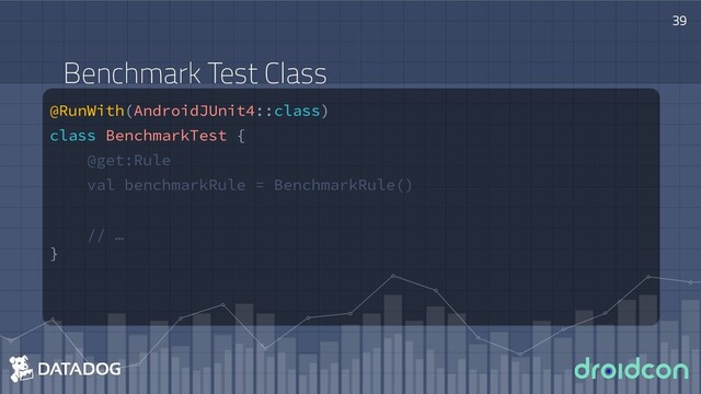 @RunWith(AndroidJUnit4::class)
class BenchmarkTest {
@get:Rule
val benchmarkRule = BenchmarkRule()
// …
}
39
Benchmark Test Class
