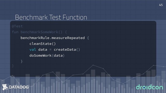 @Test
fun benchmarkSomeWork() {
benchmarkRule.measureRepeated {
cleanState()
val data = createData()
doSomeWork(data)
}
}
45
Benchmark Test Function
