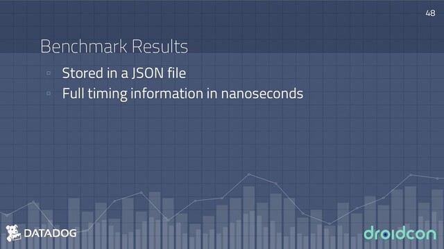 ▫ Stored in a JSON file
▫ Full timing information in nanoseconds
48
Benchmark Results
