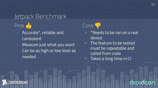 Pros 👍
▫ Accurate*, reliable and
consistent
▫ Measure just what you want
▫ Can be as high or low level as
needed
51
Jetpack Benchmark
Cons 👎
▫ *Needs to be ran on a real
device
▫ The feature to be tested
must be repeatable and
called from code
▫ Takes a long time in CI
