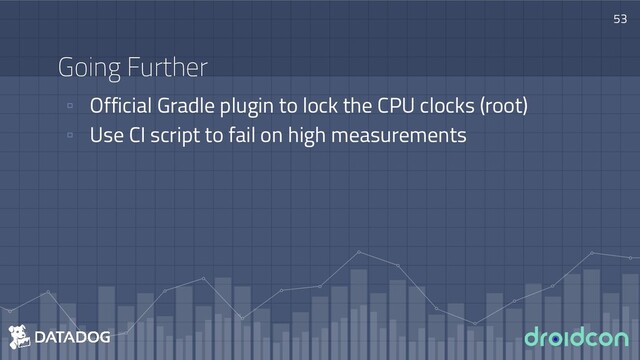 ▫ Official Gradle plugin to lock the CPU clocks (root)
▫ Use CI script to fail on high measurements
Going Further
53
