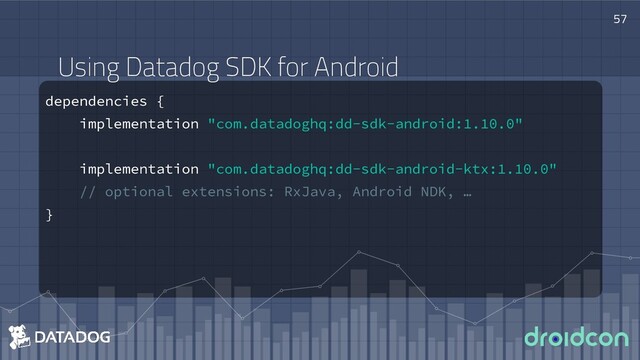 57
dependencies {
implementation "com.datadoghq:dd-sdk-android:1.10.0"
implementation "com.datadoghq:dd-sdk-android-ktx:1.10.0"
// optional extensions: RxJava, Android NDK, …
}
Using Datadog SDK for Android
