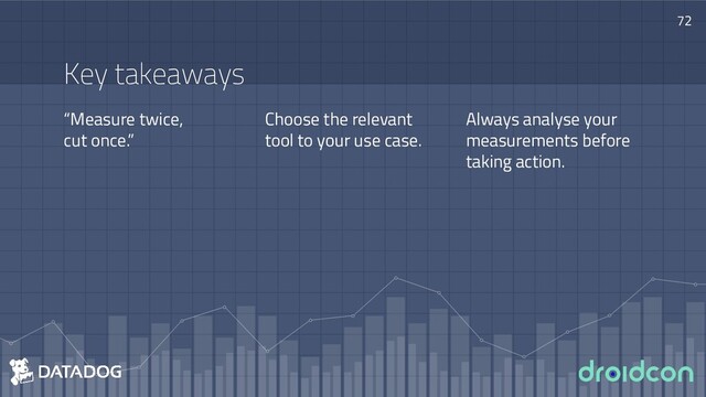 Key takeaways
“Measure twice,
cut once.”
72
Choose the relevant
tool to your use case.
Always analyse your
measurements before
taking action.
