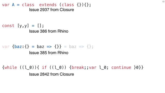 52
Issue 386 from Rhino
var A = class extends (class {}){};
Issue 2937 from Closure
const [y,y] = [];
var {baz:{} = baz => {}} = baz => {};
Issue 385 from Rhino
{while ((l_0)){ if ((l_0)) {break;;var l_0; continue }0}}
Issue 2842 from Closure
