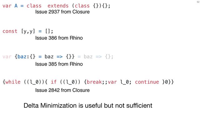 52
Issue 386 from Rhino
var A = class extends (class {}){};
Issue 2937 from Closure
const [y,y] = [];
var {baz:{} = baz => {}} = baz => {};
Issue 385 from Rhino
{while ((l_0)){ if ((l_0)) {break;;var l_0; continue }0}}
Issue 2842 from Closure
Delta Minimization is useful but not su
ff
i
cient
