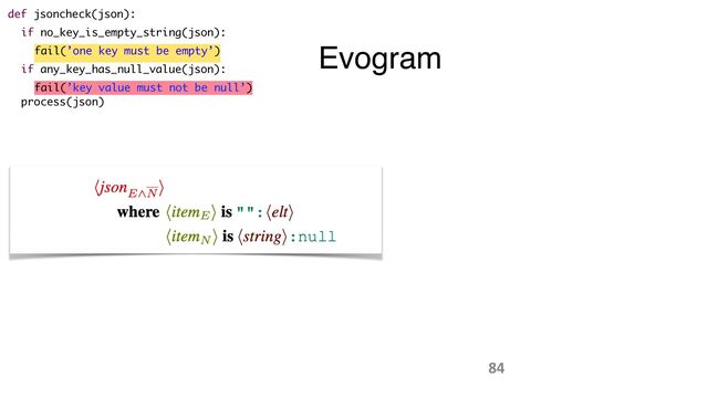 def jsoncheck(json):
if no_key_is_empty_string(json):
fail(’one key must be empty’)
if any_key_has_null_value(json):
fail(’key value must not be null’)
process(json)
Evogram
84
