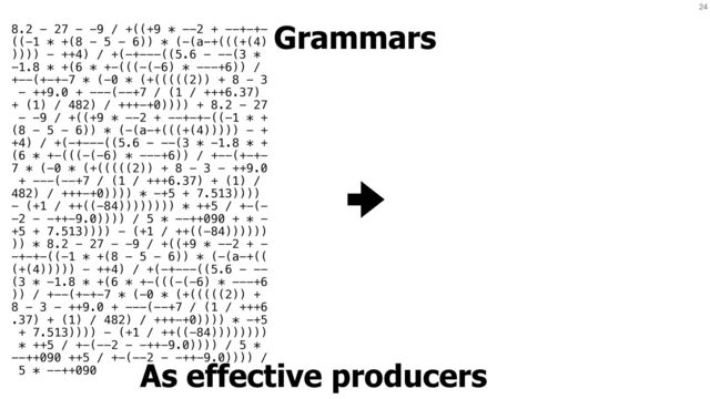 24
Grammars
As effective producers
8.2 - 27 - -9 / +((+9 * --2 + --+-+-
 
((-1 * +(8 - 5 - 6)) * (-(a-+(((+(4)
 
)))) - ++4) / +(-+---((5.6 - --(3 *
 
-1.8 * +(6 * +-(((-(-6) * ---+6)) /
 
+--(+-+-7 * (-0 * (+(((((2)) + 8 - 3
 
- ++9.0 + ---(--+7 / (1 / +++6.37)
 
+ (1) / 482) / +++-+0)))) + 8.2 - 27
 
- -9 / +((+9 * --2 + --+-+-((-1 * +
 
(8 - 5 - 6)) * (-(a-+(((+(4))))) - +
+4) / +(-+---((5.6 - --(3 * -1.8 * +
 
(6 * +-(((-(-6) * ---+6)) / +--(+-+-
 
7 * (-0 * (+(((((2)) + 8 - 3 - ++9.0
 
+ ---(--+7 / (1 / +++6.37) + (1) /
 
482) / +++-+0)))) * -+5 + 7.513))))
 
- (+1 / ++((-84)))))))) * ++5 / +-(-
 
-2 - -++-9.0)))) / 5 * --++090 + * -
 
+5 + 7.513)))) - (+1 / ++((-84))))))
 
)) * 8.2 - 27 - -9 / +((+9 * --2 + -
 
-+-+-((-1 * +(8 - 5 - 6)) * (-(a-+((
 
(+(4))))) - ++4) / +(-+---((5.6 - --
 
(3 * -1.8 * +(6 * +-(((-(-6) * ---+6
 
)) / +--(+-+-7 * (-0 * (+(((((2)) +
 
8 - 3 - ++9.0 + ---(--+7 / (1 / +++6
 
.37) + (1) / 482) / +++-+0)))) * -+5
 
+ 7.513)))) - (+1 / ++((-84))))))))
 
* ++5 / +-(--2 - -++-9.0)))) / 5 *
 
--++090 ++5 / +-(--2 - -++-9.0)))) /
 
5 * --++090
