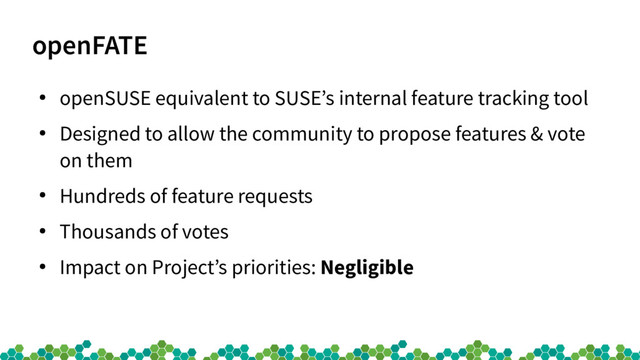 openFATE
●
openSUSE equivalent to SUSE’s internal feature tracking tool
●
Designed to allow the community to propose features & vote
on them
●
Hundreds of feature requests
●
Thousands of votes
●
Impact on Project’s priorities: Negligible
