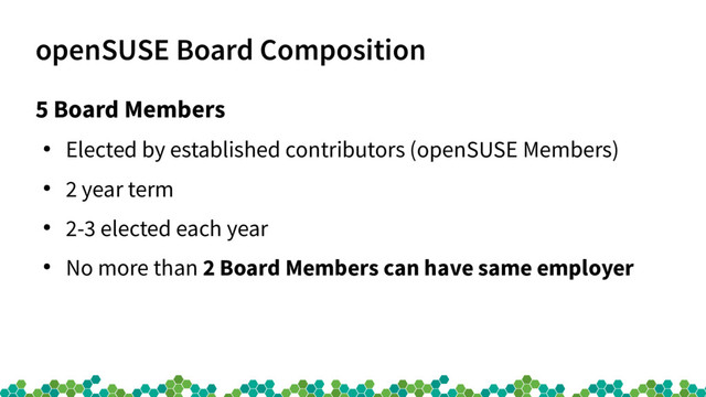 openSUSE Board Composition
5 Board Members
●
Elected by established contributors (openSUSE Members)
●
2 year term
●
2-3 elected each year
●
No more than 2 Board Members can have same employer
