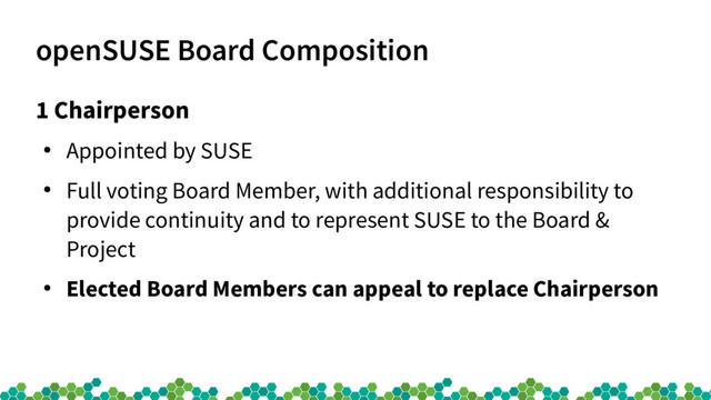 openSUSE Board Composition
1 Chairperson
●
Appointed by SUSE
●
Full voting Board Member, with additional responsibility to
provide continuity and to represent SUSE to the Board &
Project
●
Elected Board Members can appeal to replace Chairperson
