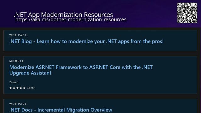 .NET App Modernization Resources
https://aka.ms/dotnet-modernization-resources
