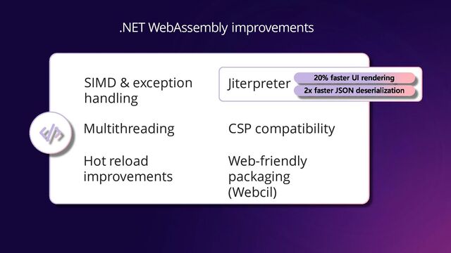 .NET WebAssembly improvements
SIMD & exception
handling
Multithreading
Hot reload
improvements
Jiterpreter
CSP compatibility
Web-friendly
packaging
(Webcil)
