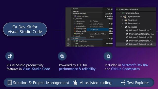 Visual Studio productivity
features in
Powered by LSP for
C# Dev Kit for
Visual Studio Code
Included in
and
Solution & Project Management Test Explorer
AI-assisted coding
