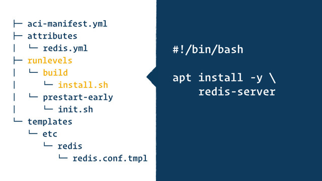 !" aci-manifest.yml
!" attributes
# $" redis.yml
!" runlevels
# $" build
# $" install.sh
# $" prestart-early
# $" init.sh
$" templates
$" etc
$" redis
$" redis.conf.tmpl
#!/bin/bash
apt install -y \
redis-server
