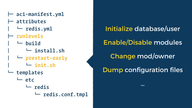 !" aci-manifest.yml
!" attributes
# $" redis.yml
!" runlevels
# $" build
# $" install.sh
# $" prestart-early
# $" init.sh
$" templates
$" etc
$" redis
$" redis.conf.tmpl
Initialize database/user
Enable/Disable modules
Change mod/owner
Dump conﬁguration ﬁles
…
