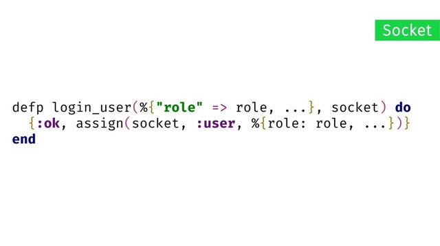 defp login_user(%{"role" => role, ...}, socket) do
{:ok, assign(socket, :user, %{role: role, ...})}
end
Socket

