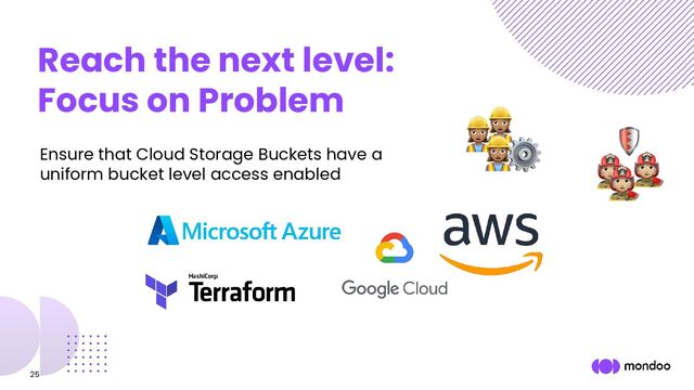 25
Ensure that Cloud Storage Buckets have a
uniform bucket level access enabled
Reach the next level:
Focus on Problem
