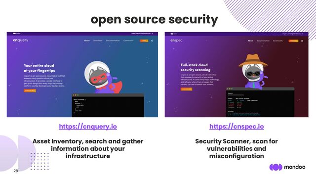 28
open source security
https://cnquery.io
Asset Inventory, search and gather
information about your
infrastructure
https://cnspec.io
Security Scanner, scan for
vulnerabilities and
misconfiguration
