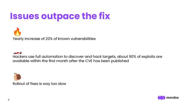 9
🔥
Yearly increase of 20% of known vulnerabilities
🏎
Hackers use full automation to discover and hack targets, about 90% of exploits are
available within the first month after the CVE has been published
🐌
Rollout of fixes is way too slow
Issues outpace the fix
