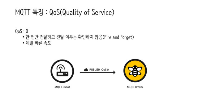 MQTT 특징 : QoS(Quality of Service)
QoS : 0
• 한 번만 전달하고 전달 여부는 확인하지 않음(Fire and Forget)
• 제일 빠른 속도
