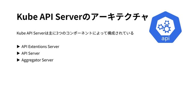 Kube API Serverのアーキテクチャ
Kube API Serverは主に3つのコンポーネントによって構成されている
▶ API Extentions Server
▶ API Server
▶ Aggregator Server
