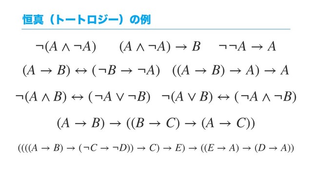 ߃ਅʢτʔτϩδʔʣͷྫ
(A → B) → ((B → C) → (A → C))
((((A → B) → (¬C → ¬D)) → C) → E) → ((E → A) → (D → A))
¬(A ∧ ¬A) (A ∧ ¬A) → B
((A → B) → A) → A
¬¬A → A
(A → B) ↔ (¬B → ¬A)
¬(A ∧ B) ↔ (¬A ∨ ¬B) ¬(A ∨ B) ↔ (¬A ∧ ¬B)
