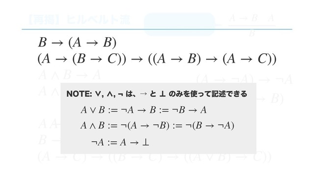 ʲ࠶ܝʳώϧϕϧτྲྀ
(A → C) → ((B → C) → ((A ∨ B) → C))
A → B A
B
A → A ∨ B
B → A ∨ B
A ∧ B → A
A ∧ B → B
A → (B → (A ∧ B))
ਪ࿦نଇ͸
ϞʔμεϙωϯεͷΈ
¬¬A → A
⊥ → A
(A → ¬A) → ¬A
¬A → (A → B)
(A → (B → C)) → ((A → B) → (A → C))
A ∨ B := ¬A → B := ¬B → A
A ∧ B := ¬(A → ¬B) := ¬(B → ¬A)
¬A := A → ⊥
/05&ˮ˭͸ɺˠͱ˵ͷΈΛ࢖ͬͯهड़Ͱ͖Δ
B → (A → B)

