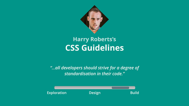Exploration Build
Design
CSS Guidelines
Harry Roberts’s
“…all developers should strive for a degree of
standardisation in their code.”

