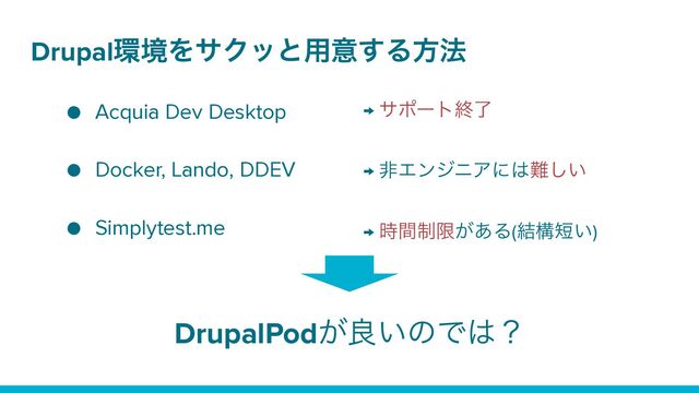 Drupal؀ڥΛαΫοͱ༻ҙ͢Δํ๏
● Acquia Dev Desktop
 
● Docker, Lando, DDEV
 
● Simplytest.me
→ αϙʔτऴྃ
 
 
→ ඇΤϯδχΞʹ͸೉͍͠
 
 
→ ੍࣌ؒݶ͕͋Δ(݁ߏ୹͍)
DrupalPod͕ྑ͍ͷͰ͸ʁ
