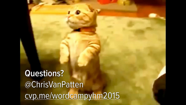 Questions?
@ChrisVanPatten
cvp.me/wordcampyhm2015
