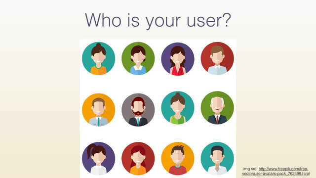 Who is your user?
img src: http://www.freepik.com/free-
vector/user-avatars-pack_762498.html
