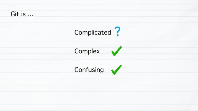 Git is ...
Complicated
?
Confusing
Complex
