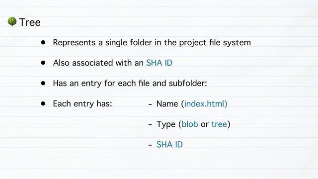 • Represents a single folder in the project ﬁle system
• Also associated with an SHA ID
• Has an entry for each ﬁle and subfolder:
• Each entry has:
" Tree
- Name (index.html)
- Type (blob or tree)
- SHA ID
