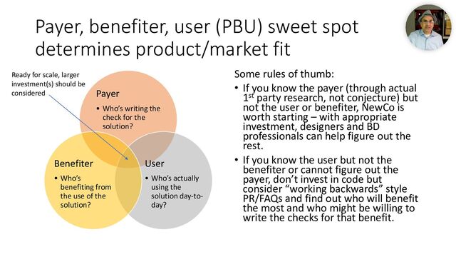 Payer, benefiter, user (PBU) sweet spot
determines product/market fit
Payer
• Who’s writing the
check for the
solution?
User
• Who’s actually
using the
solution day-to-
day?
Benefiter
• Who’s
benefiting from
the use of the
solution?
Some rules of thumb:
• If you know the payer (through actual
1st party research, not conjecture) but
not the user or benefiter, NewCo is
worth starting – with appropriate
investment, designers and BD
professionals can help figure out the
rest.
• If you know the user but not the
benefiter or cannot figure out the
payer, don’t invest in code but
consider “working backwards” style
PR/FAQs and find out who will benefit
the most and who might be willing to
write the checks for that benefit.
Ready for scale, larger
investment(s) should be
considered
